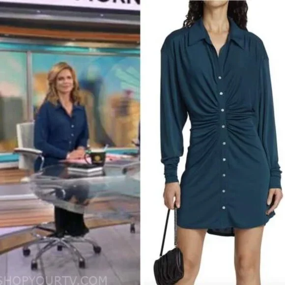 Cinq A Sept Arden Ruched Matte Jersey Shirtdress Laguna Blue Size Small